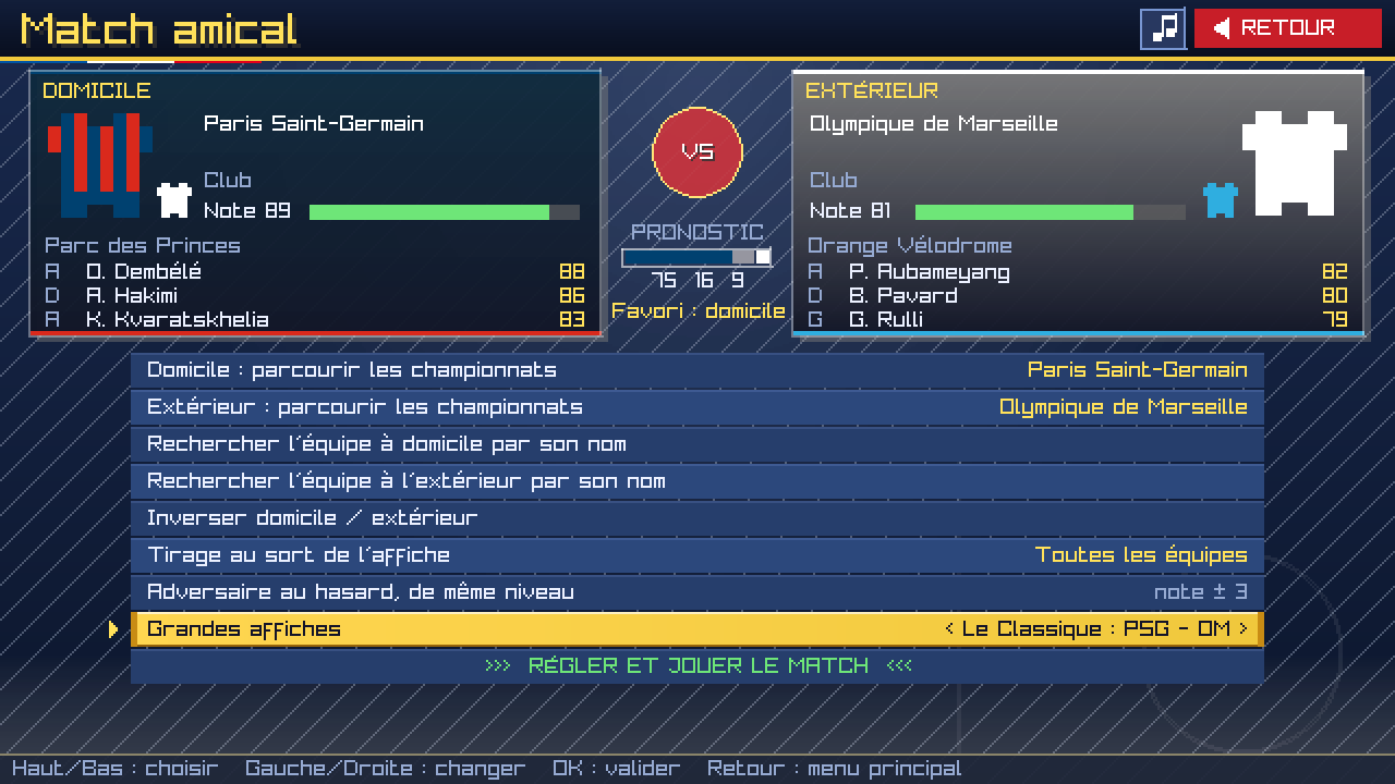 Configuration d'un match amical