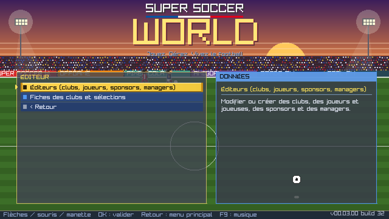 Capture réelle de la version 00.03.00 : menu principal de Super Soccer World